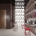 Modern Collectibles Display Interior With Wall Shelves Dolls Red Chairs And Table