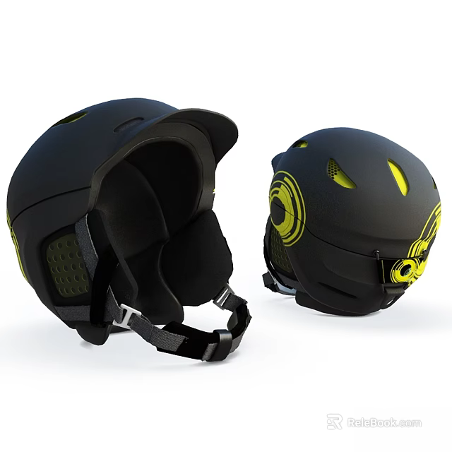 Black Sports Helmet With Yellow Design Ventilation Holes And Adjustable Straps 3d model 