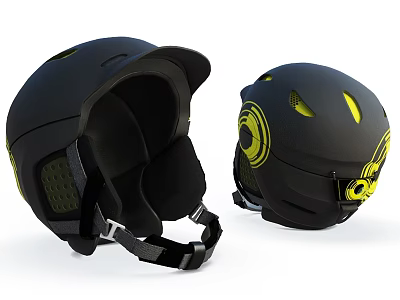 Black Sports Helmet With Yellow Design Ventilation Holes And Adjustable Straps 3d model