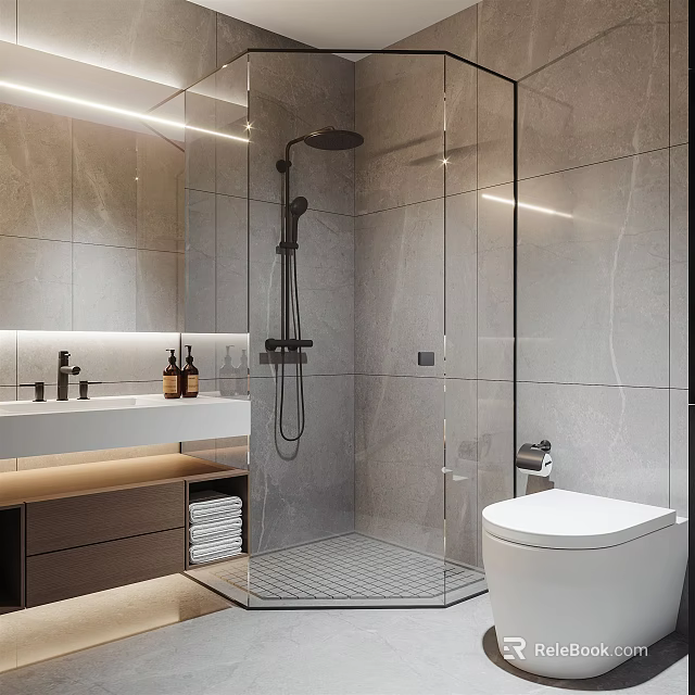 Modern Bathroom Interior Design With Glass Shower Enclosure Vanity And Tiled Walls 3d model 