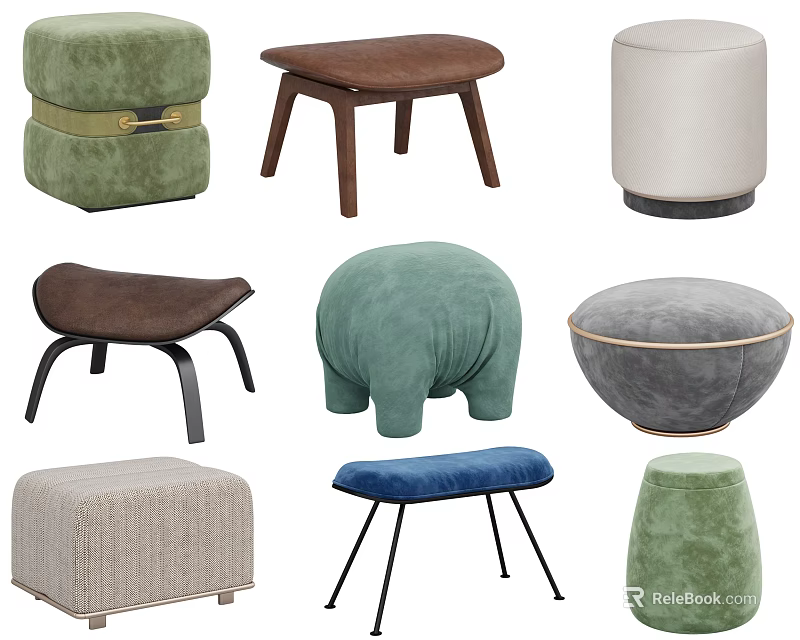 Chic Versatile Ottoman Stools with Plush Velvet and Diverse Designs in Trendy Colors 3d model 