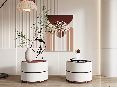 Modern Round Bedside Tables With White Red Design Green Plant Sculpture Books And Decorative Item 3d model