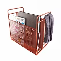 Books Magazines Stored in Red Metal Mesh Storage Basket with Gray Towel and Rolled Paper