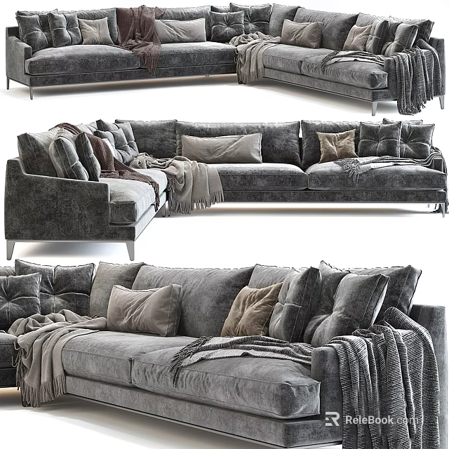 Cozy Modern Gray Fabric Sectional Sofa With Soft Pillows And Warm Throw Blankets 3d model 