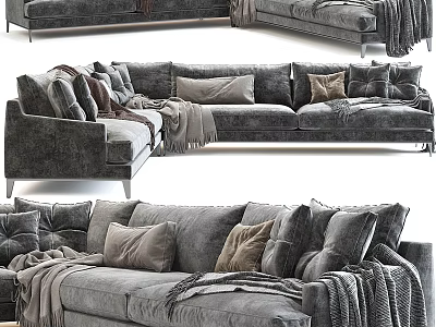 Cozy Modern Gray Fabric Sectional Sofa With Soft Pillows And Warm Throw Blankets 3d model