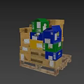 Industrial Equipment Storage Boxes In Various Colors Stacked On Wooden Pallet In Warehouse