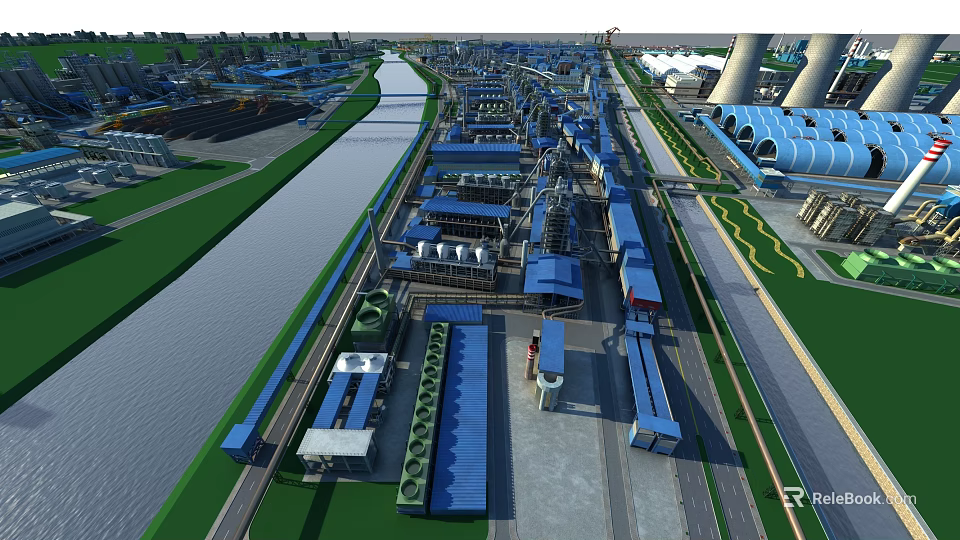 Large Scale Industrial Plant With Piping Systems Buildings Surrounding River And Roads 3d model 