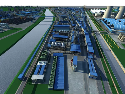 Large Scale Industrial Plant With Piping Systems Buildings Surrounding River And Roads 3d model