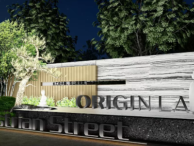 Night Scene Feature Wall With Wood And Stone Design Around Italian Street Origin LA Sign 3d model