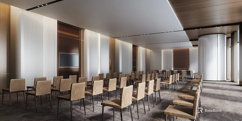 Modern Spacious Conference Room With Neatly Arranged Chairs Wooden Walls And Large Screen TV 3d model 