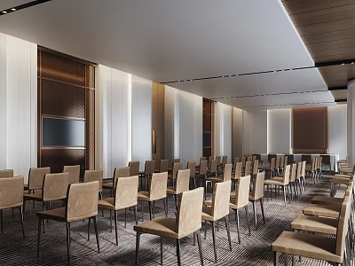 Modern Spacious Conference Room With Neatly Arranged Chairs Wooden Walls And Large Screen TV 3d model
