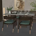 Elegant Dining Table Set With Marble Top Green Padded Chairs And Decorative Painting