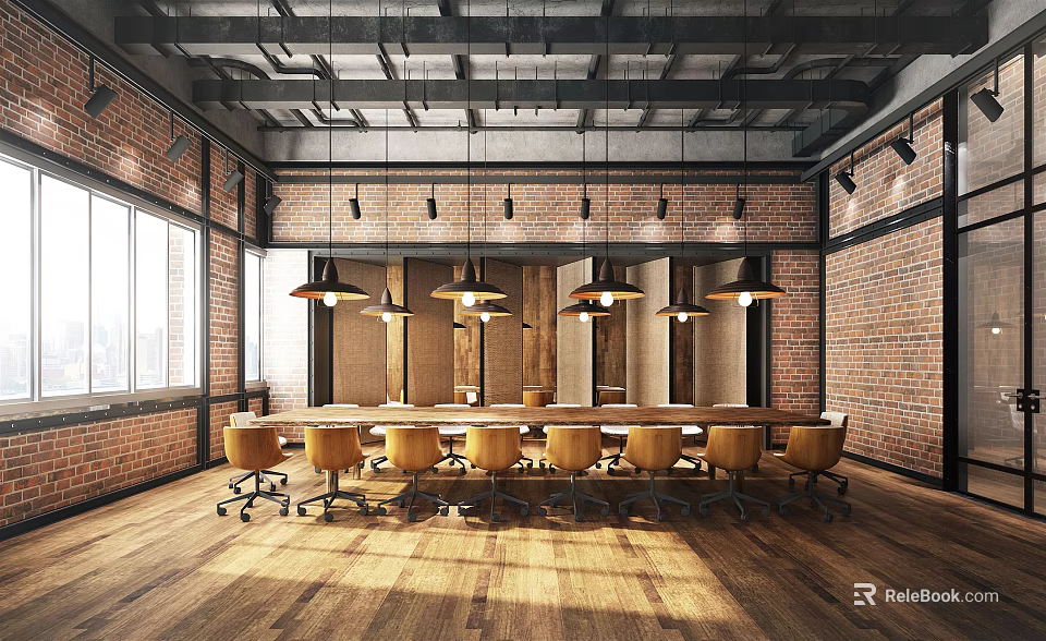 Industrial Meeting Room Interior With Brick Walls Long Table And Pendant Lights 3d model 