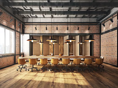 Industrial Meeting Room Interior With Brick Walls Long Table And Pendant Lights 3d model