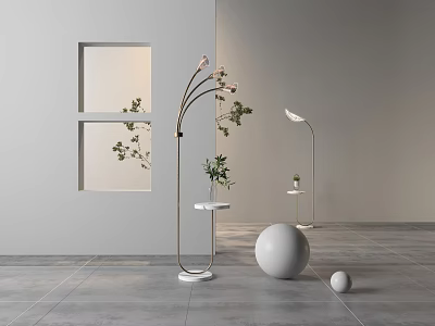 Modern Arc Floor Lamp With Metal Stand And Green Plants In Minimalist Interior Space 3d model