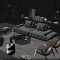Elegant Gray Sofa and Round Coffee Table Set with Armchairs Rug Plant and Decorative Books