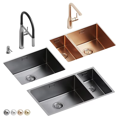 Modern Kitchen Sinks With Double Bowl Design Stainless Steel Copper Finish And Faucets 3d model