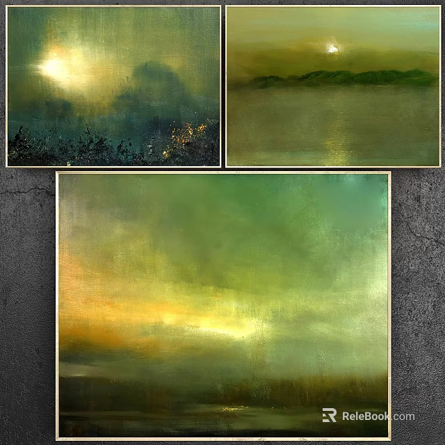 Elegant Wall Art Frames With Green Gold Abstract Landscape Paintings For Home 3d model 