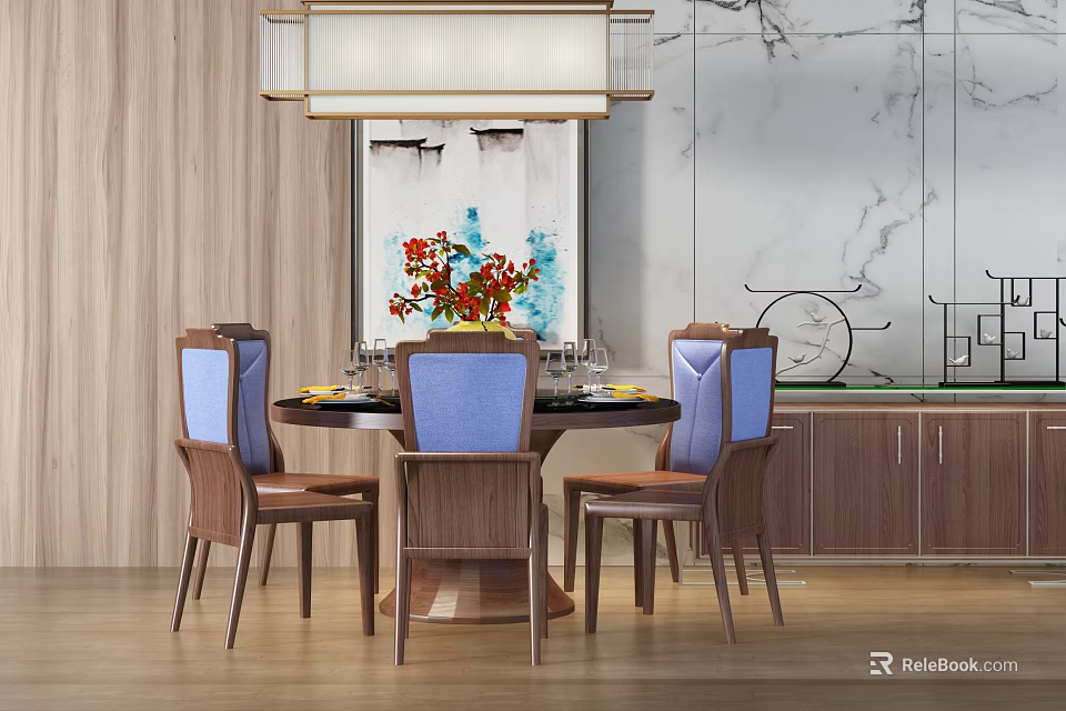 Elegant Dining Table Set With Round Table Blue Backrest Chairs Hanging Lamp And Marble Backdrop 3d model