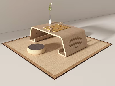Japanese Style Low Table Seating Set with Chessboard Round Cushion and Woven Mat 3d model