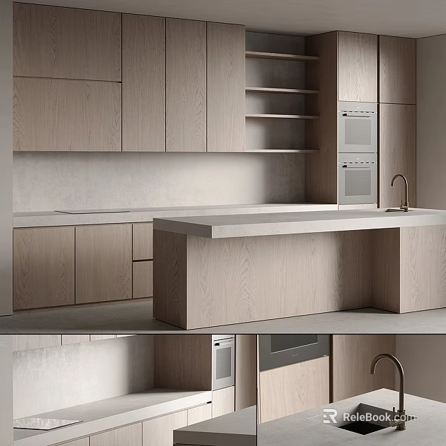 Modern Wooden Kitchen Cabinets With Island Countertop And Built In Oven 3d model 