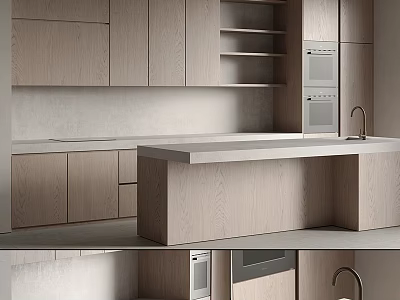 Modern Wooden Kitchen Cabinets With Island Countertop And Built In Oven 3d model