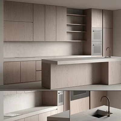Modern Wooden Kitchen Cabinets With Island Countertop And Built In Oven 3d model
