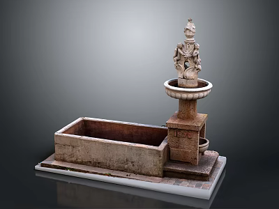 Classical Stone Fountain Structure With Rectangular Basin And Decorative Statue Pedestal 3d model