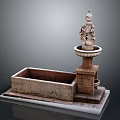 Classical Stone Fountain Structure With Rectangular Basin And Decorative Statue Pedestal