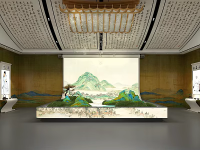 Traditional Cultural Center Interior With Wooden Ceiling Calligraphy And Landscape Model Display Platform 3d model