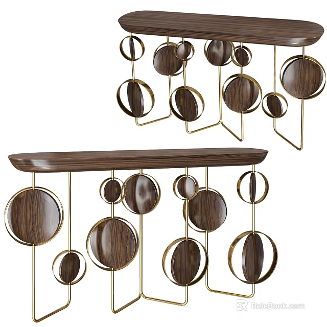 Modern Console Table With Walnut Wood And Gold Metal Circular Decorative Elements 3d model 