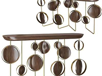 Modern Console Table With Walnut Wood And Gold Metal Circular Decorative Elements 3d model