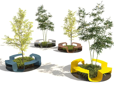 Modern Outdoor Colorful Hexagonal Tree Planters With Seats And Green Trees 3d model