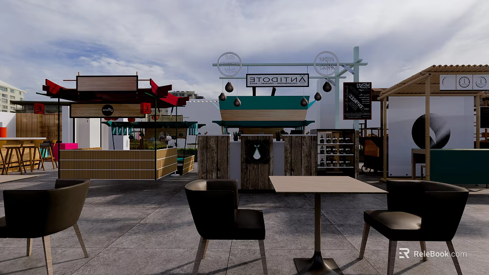 Vibrant Commercial Street With Strooperia Sign Outdoor Seating And Café Tables 3d model 