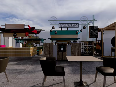 Vibrant Commercial Street With Strooperia Sign Outdoor Seating And Café Tables 3d model