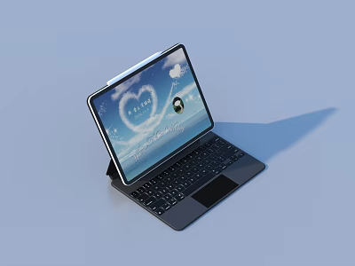 Tablet Computer with Detachable Keyboard Displaying Clouds Heart Shape and Best Wishes 3d model