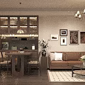 Warm Retro Open Living And Dining Room With Solid Wood Furniture And Brown Leather Sofa