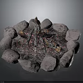 Circular Stone Fire Pit With Stacked Wood Logs And Ash Remnants