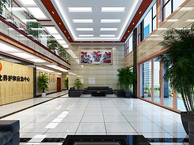 Modern Government Service Hall Interior With Marble Floor Green Plants Sofa And Large Windows 3d model