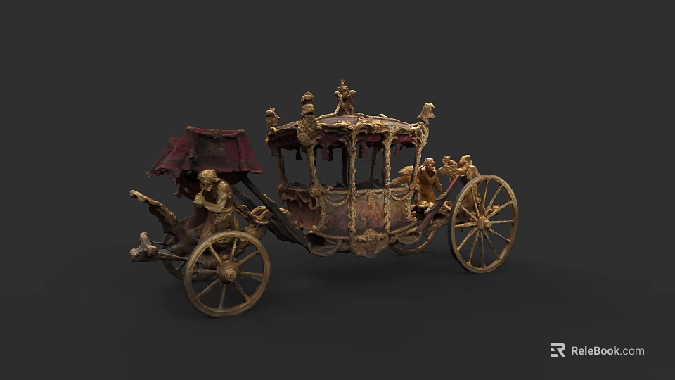 Elegant Car Showroom Displaying Vintage Golden Carriage With Red Curtains And Ornate Details 3d model 