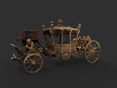 Elegant Car Showroom Displaying Vintage Golden Carriage With Red Curtains And Ornate Details 3d model