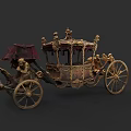 Elegant Car Showroom Displaying Vintage Golden Carriage With Red Curtains And Ornate Details