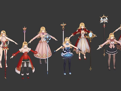 Game Movie Characters In Colorful Elegant Dresses Holding Various Weapons And Staffs 3d model