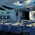 Modern Restaurant Interior With Unique Ceiling Multi Level Layout Dining Tables And Elegant Lighting 3d model
