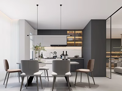 Modern Restaurant Interior With Dining Table Chairs Pendant Lights And Wine Cabinets 3d model