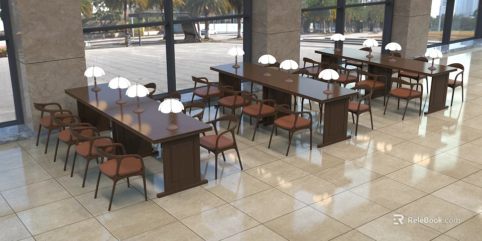 Spacious Indoor Setting With Long Wooden Tables And Chairs Adorned By White Lamps And Large Windows 3d model 