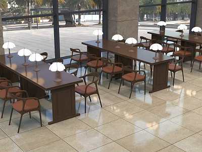 Spacious Indoor Setting With Long Wooden Tables And Chairs Adorned By White Lamps And Large Windows 3d model