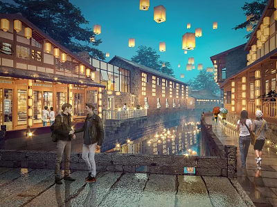 Traditional Commercial Street at Night with Hanging Lanterns Traditional Architecture Shops Water Canal and Pedestrians 3d model