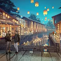 Traditional Commercial Street at Night with Hanging Lanterns Traditional Architecture Shops Water Canal and Pedestrians