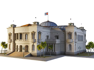 Classical Building Featuring Dome Red Roof White Walls Stone Steps And Palm Trees 3d model